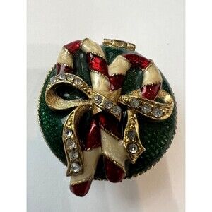 Vintage Monet Green Red White Enamel Magnetic Trinket Jewery Pill Storage Box